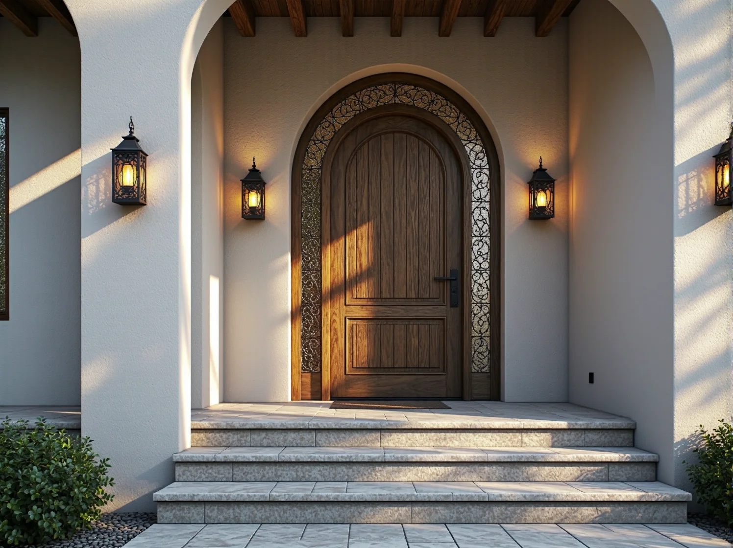 Nowoczesne lampy fasadowe na białym budynku, inspirowane stylem śródziemnomorskim.