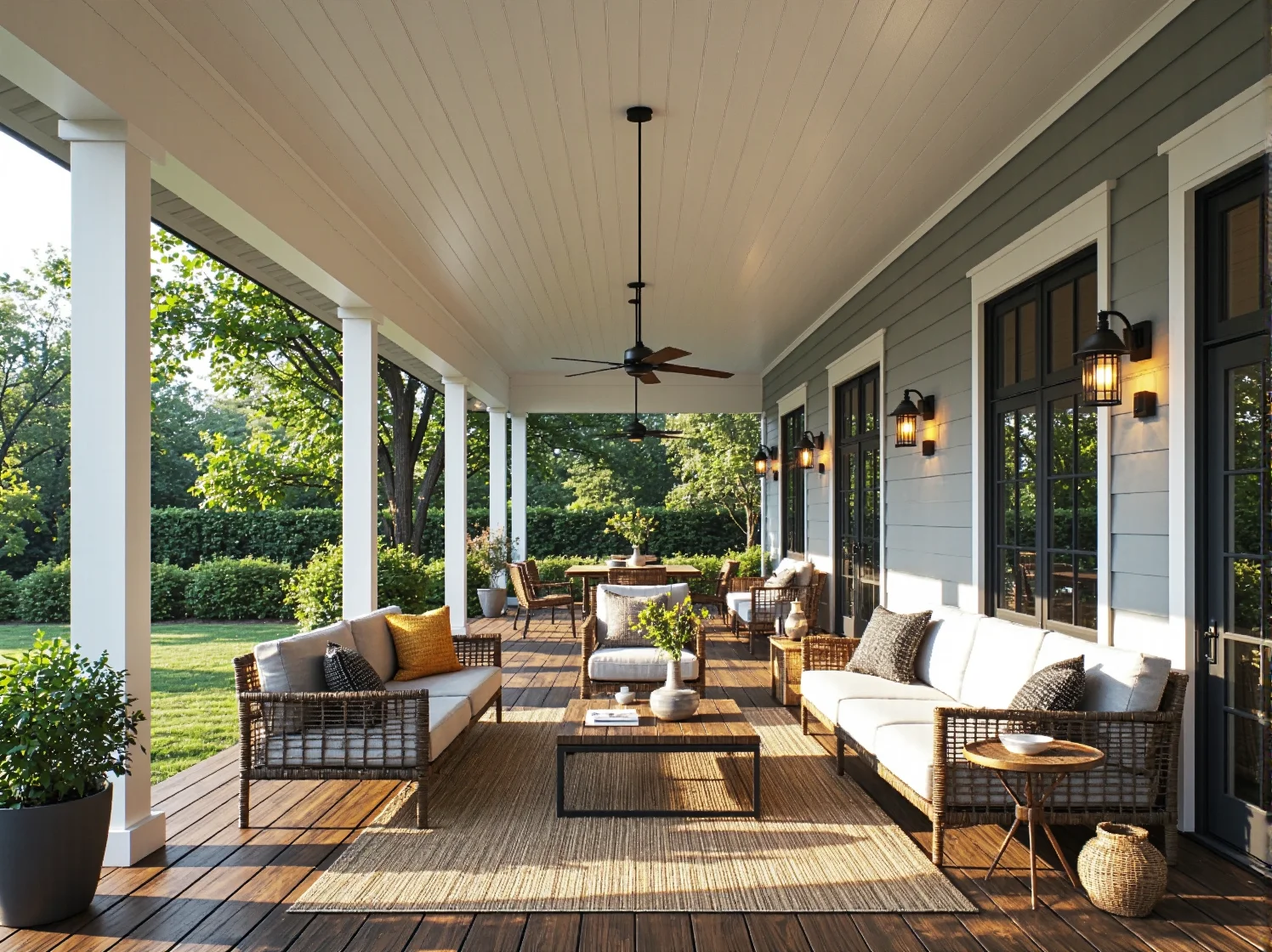 Nowoczesne kinkiety ogrodowe oświetlające wejście na werandę w stylu minimalistycznym.