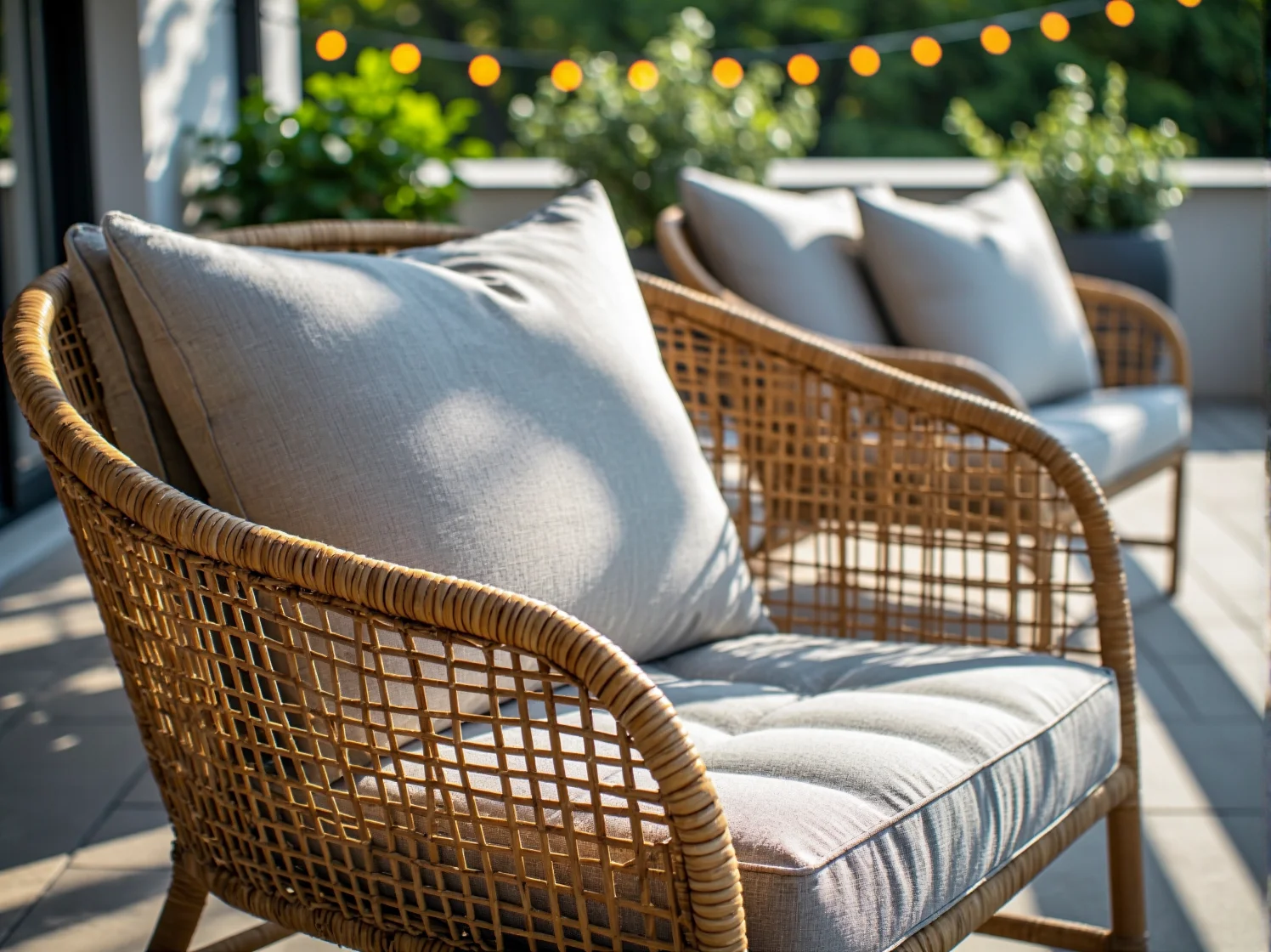 Nowoczesne kinkiety zewnętrzne na ścianie tarasu, zapewniające eleganckie i funkcjonalne światło LED.