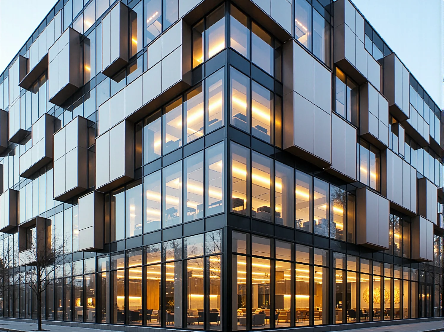 Minimalistyczna oprawa oświetleniowa idealna do budynków ze szkła i stali.