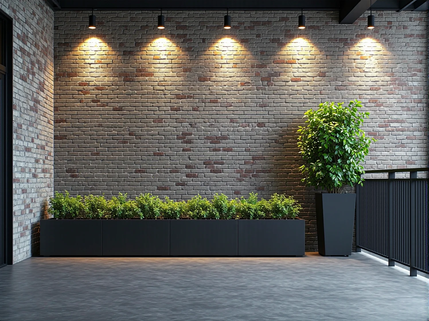 Nowoczesne lampy LED i rośliny w donicach na tarasie w stylu industrial