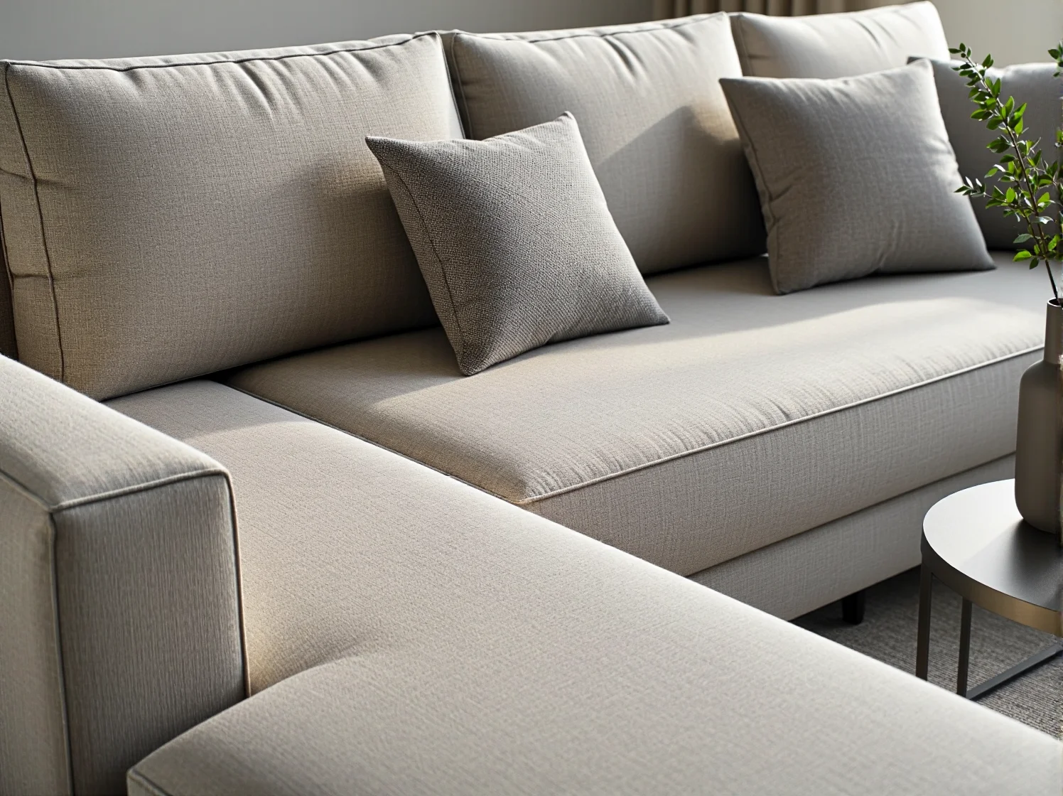 Nowoczesny narożnik o geometrycznym kształcie, idealny do salonu w stylu minimalistycznym.