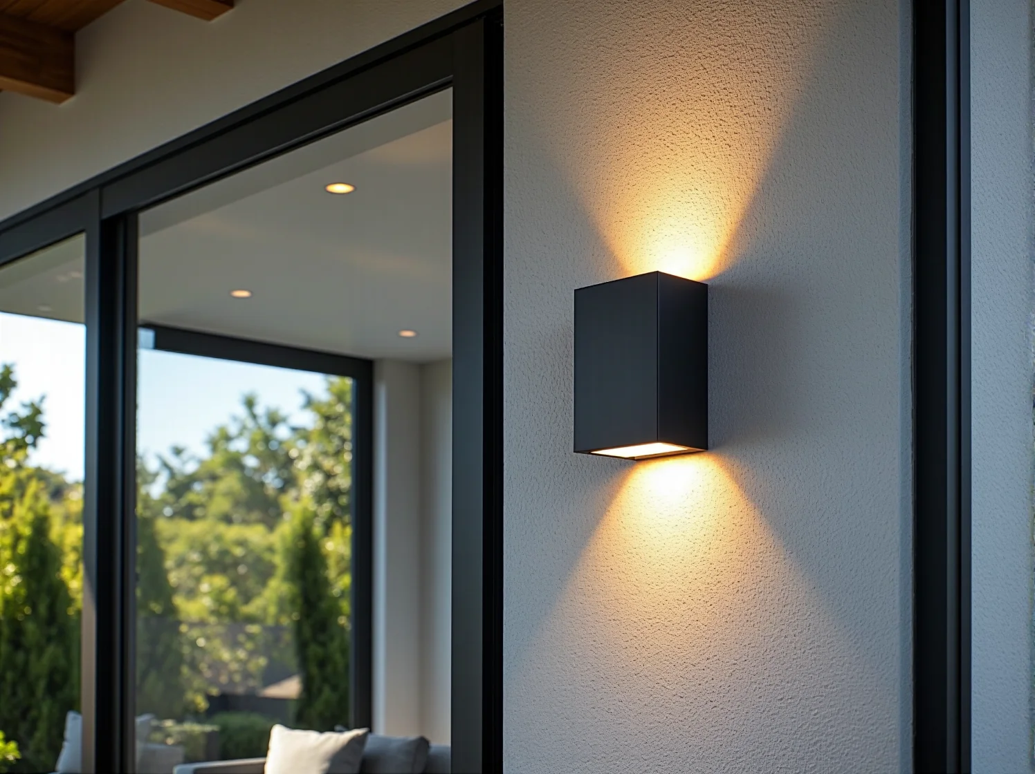 Detal lampy elewacyjnej typu up-down zamontowanej przy szklanej ścianie, minimalizującej niepożądane refleksy.