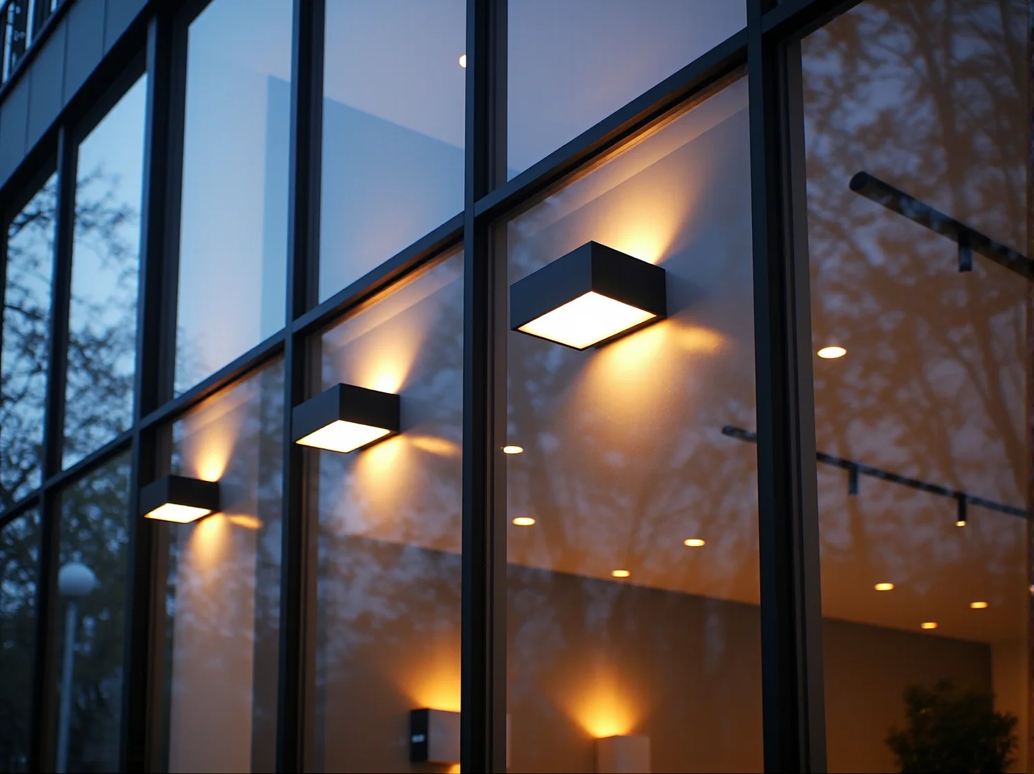 Oświetlenie elewacyjne skierowane w dół aby uniknąć refleksów na szklanych taflach.