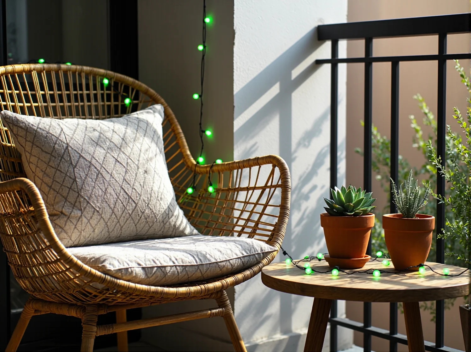 Ciepłe oświetlenie LED na balkonie boho – dekoracyjne lampki i lampiony w kolorze beżowym