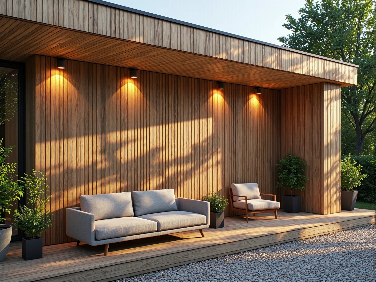 Reflektor zewnętrzny podkreślający unikalną strukturę i słoje drewna na fasadzie budynku.