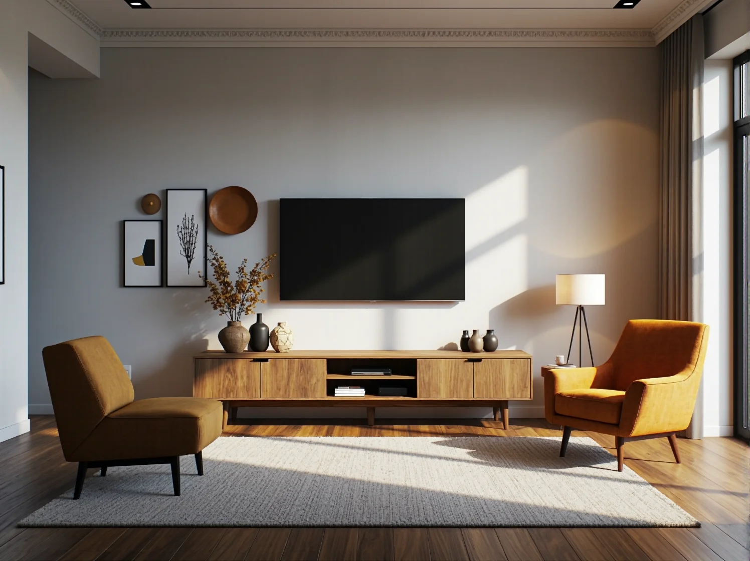 Stylowe oświetlenie punktowe w małym salonie, które optycznie powiększa przestrzeń i dodaje jej głębi.