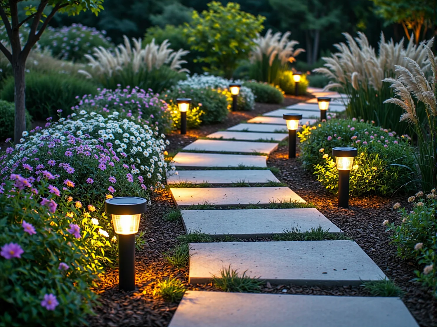 Delikatne światło klasycznych lamp solarnych wzdłuż ogrodowej ścieżki
