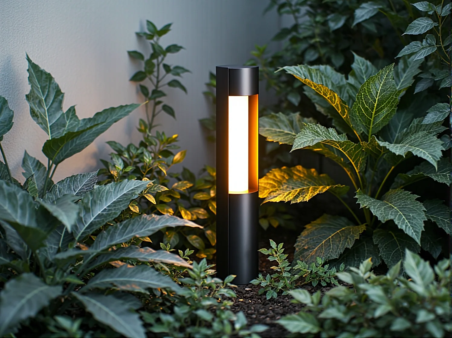 Oświetlenie ścieżki w małym ogrodzie za pomocą nowoczesnych słupków LED.