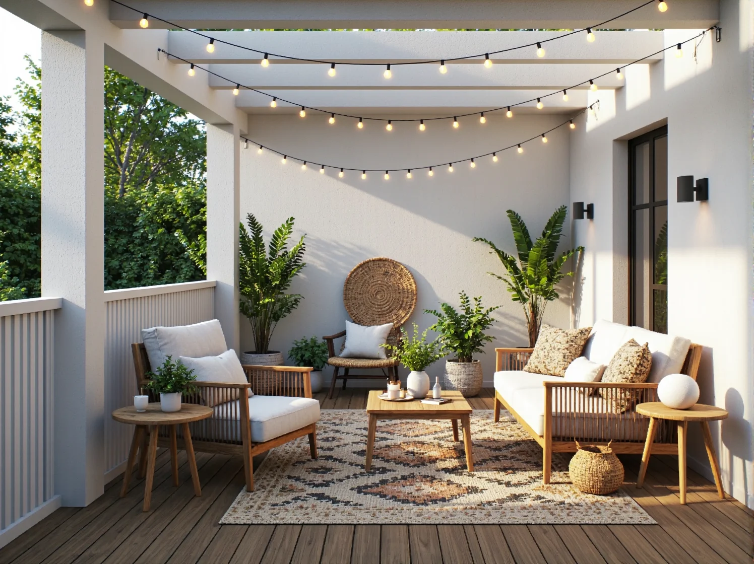 Dekoracyjne oświetlenie tarasu w stylu boho, wiszące lampiony i bawełniane girlandy świetlne.