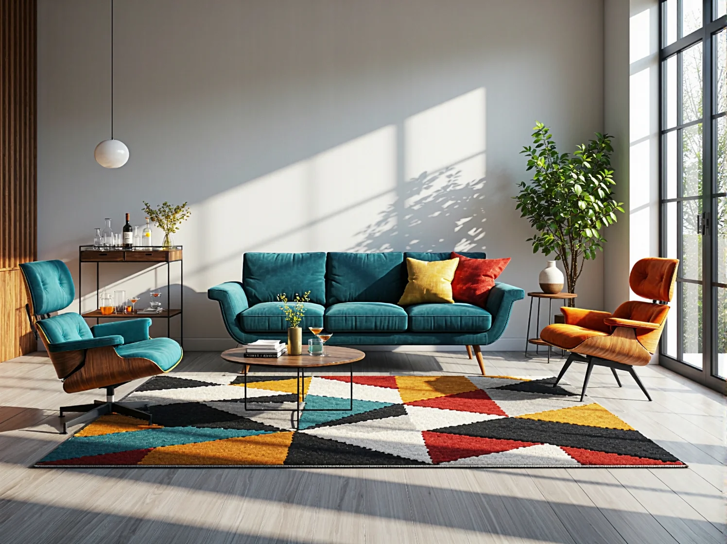 Galeria vintage plakatów nad sofą w małym salonie retro