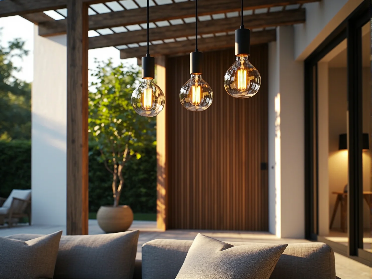 Efektowne podświetlenie roślin i krzewów przy tarasie za pomocą punktowych reflektorów ogrodowych.