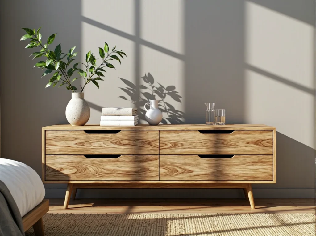 Niska komoda drewniana z sześcioma szufladami w stylu skandynawskim