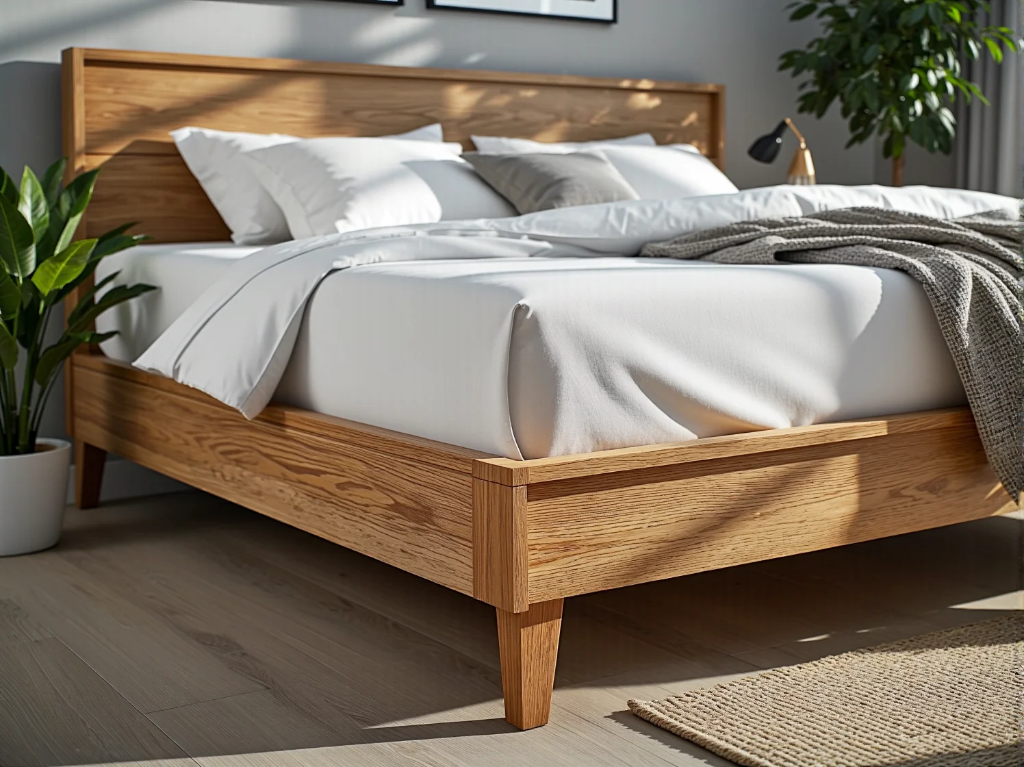 Zbliżenie na wysuniętą szufladę w łóżku, pokazujące jej praktyczne zastosowanie na co dzień.