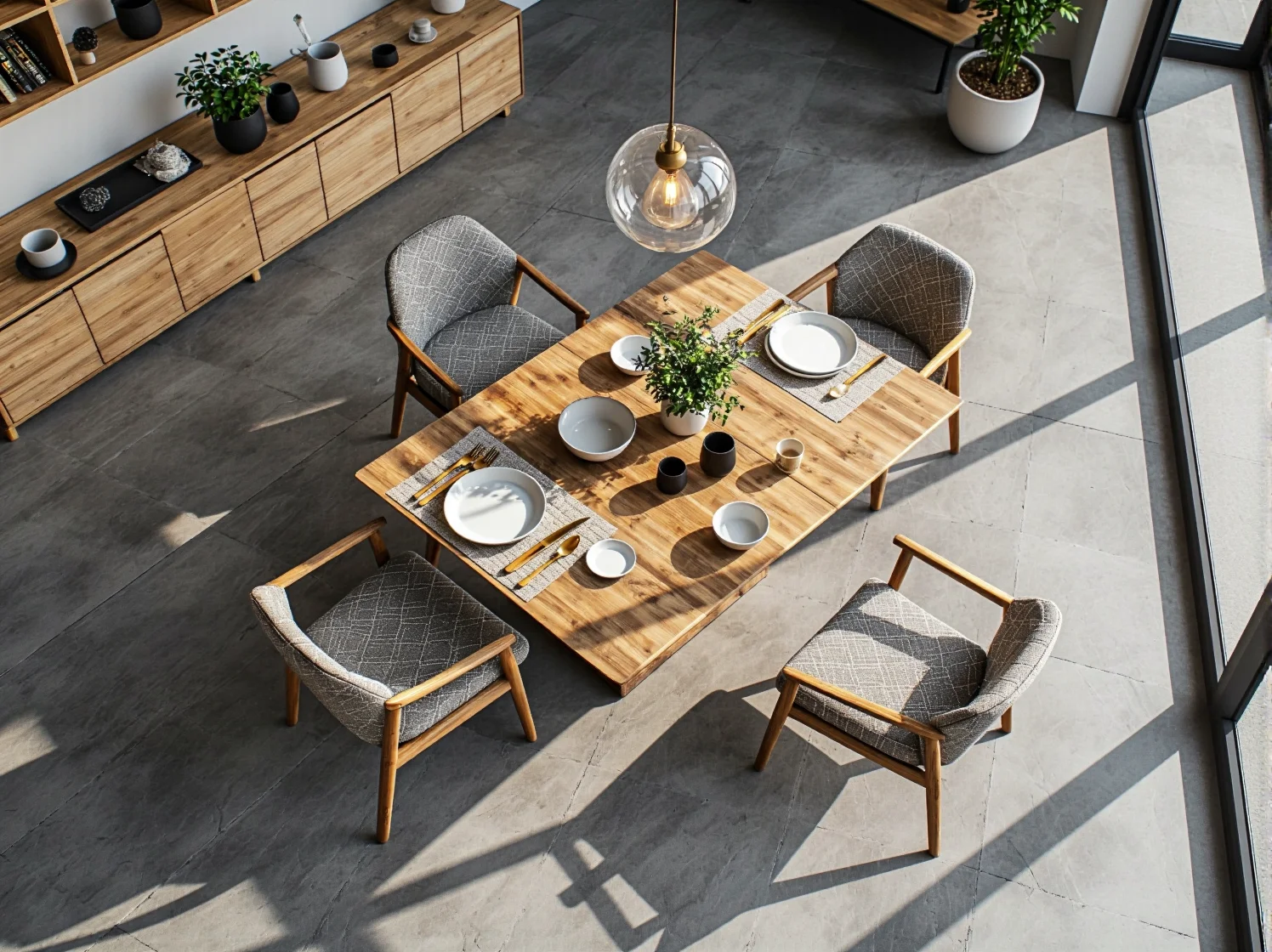 Stylowe wnętrze wypełnione meblami zrównoważonymi, promujące ekologiczny design i styl życia.