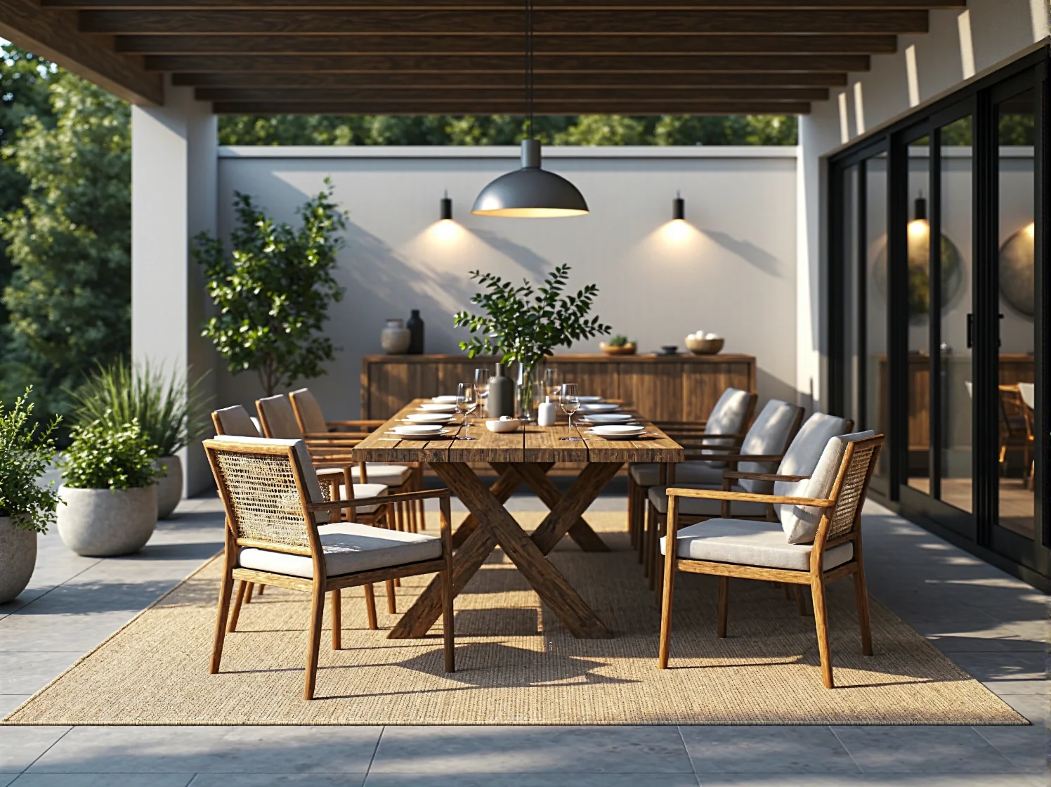 Nastrojowe lampiony i świece na meblach tarasowych, tworzące przytulny klimat podczas wieczorów.