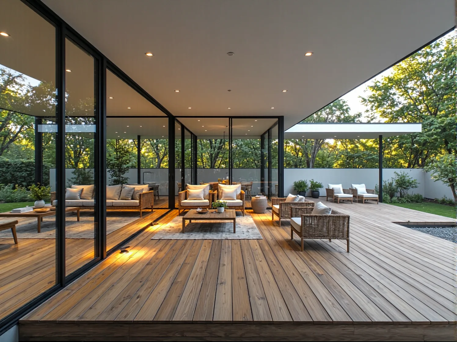 Wieczorna iluminacja nowoczesnego domu ze szkłem z wykorzystaniem punktowych opraw elewacyjnych.