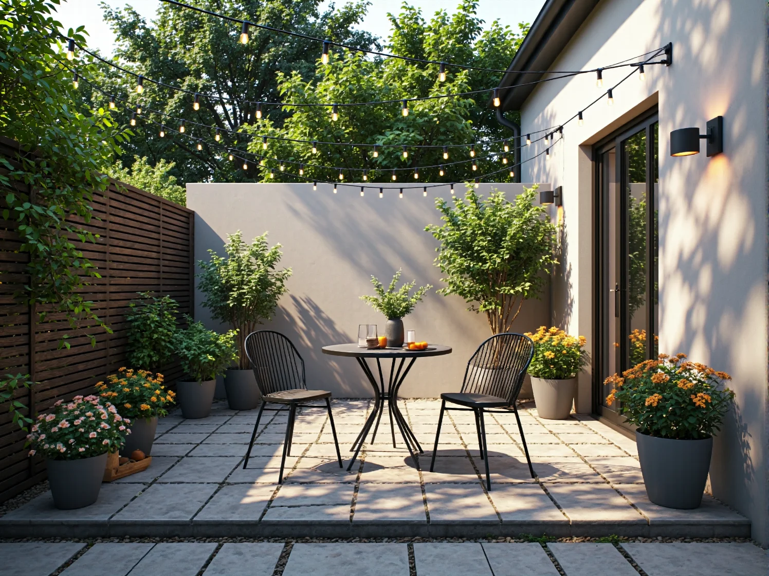 Punktowe oświetlenie dekoracyjnych roślin w małym ogrodzie nadające elegancji.