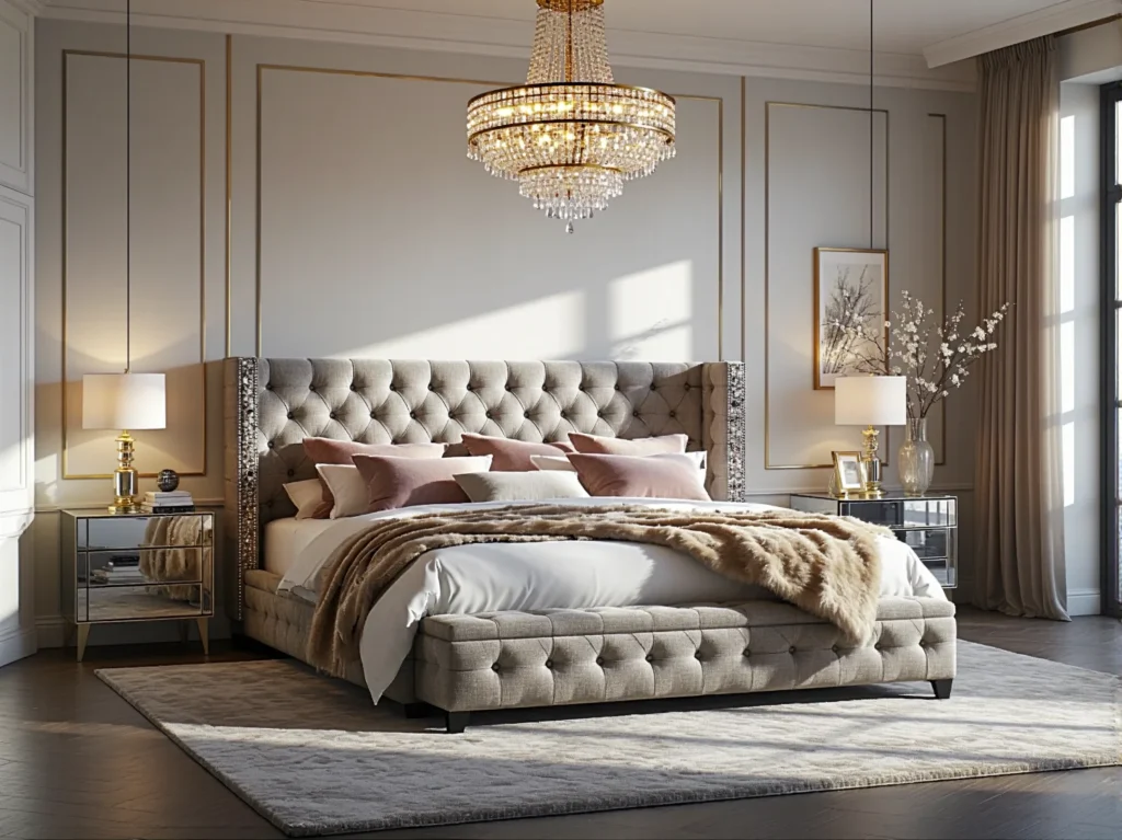 Eleganckie łóżko tapicerowane szare z pikowanym zagłówkiem glamour