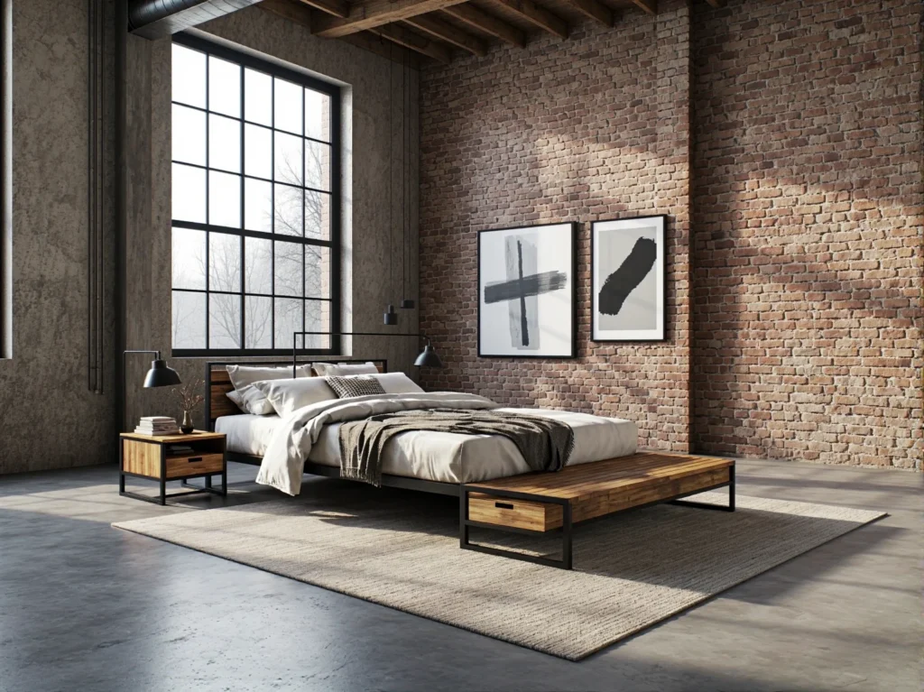 Łóżko industrialne drewno dąb z metalową ramą i ławką