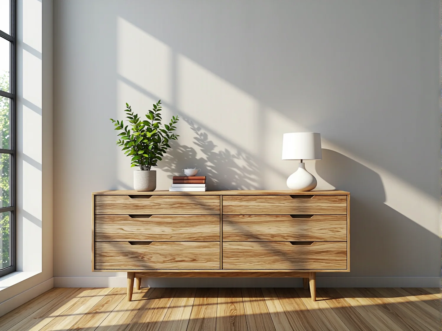 Niska komoda drewniana z sześcioma szufladami na skośnych nóżkach