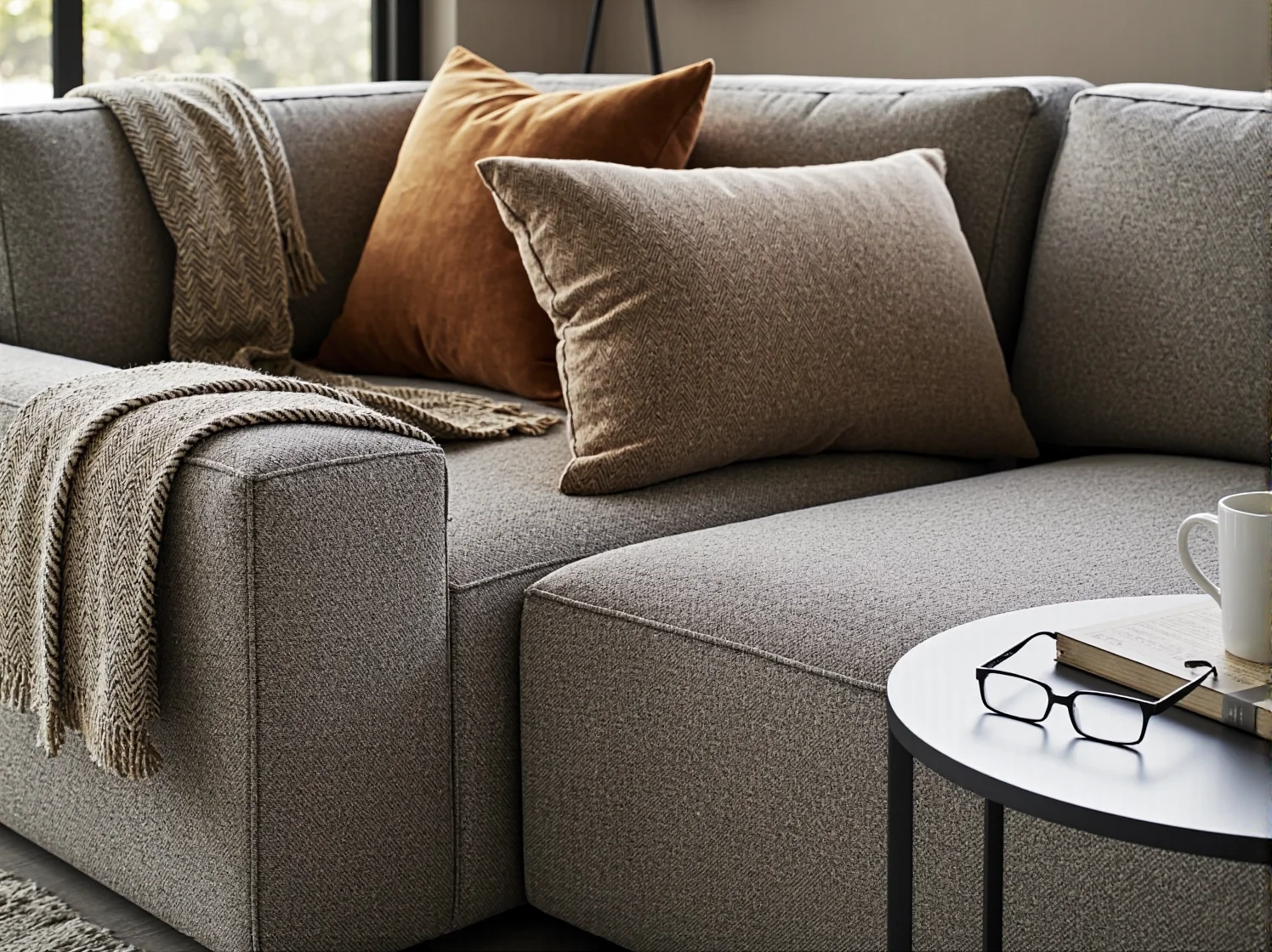 Kompaktowa, szara sofa modułowa jako elastyczne rozwiązanie do niewielkiego mieszkania.