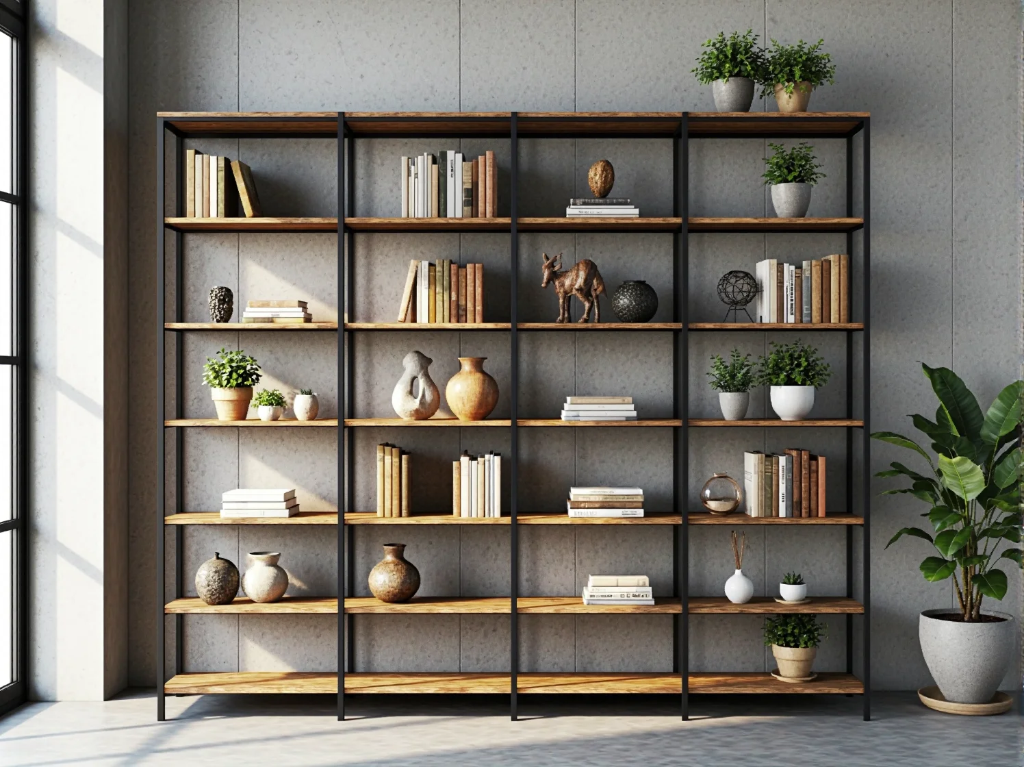 Regał loftowy wykonany z surowego drewna i ciemnego metalu w industrialnej aranżacji