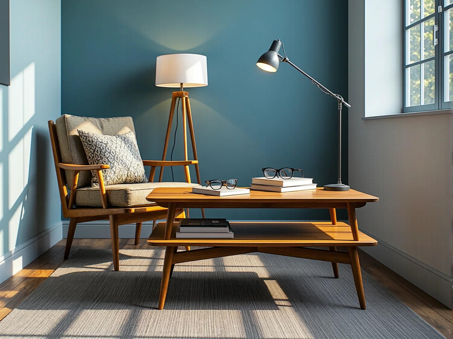 Stylowy stolik kawowy Mid-Century Modern ze skośnymi nogami i półką.