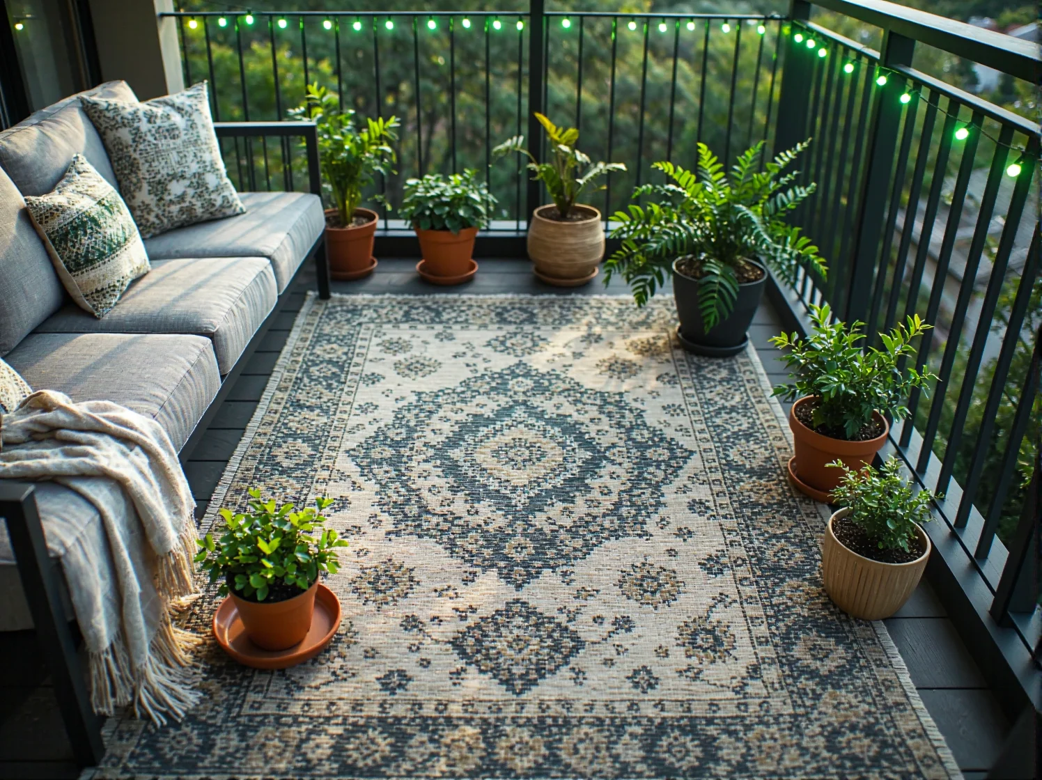 Rośliny balkonowe i nastrojowe lampy LED w aranżacji boho na małym balkonie