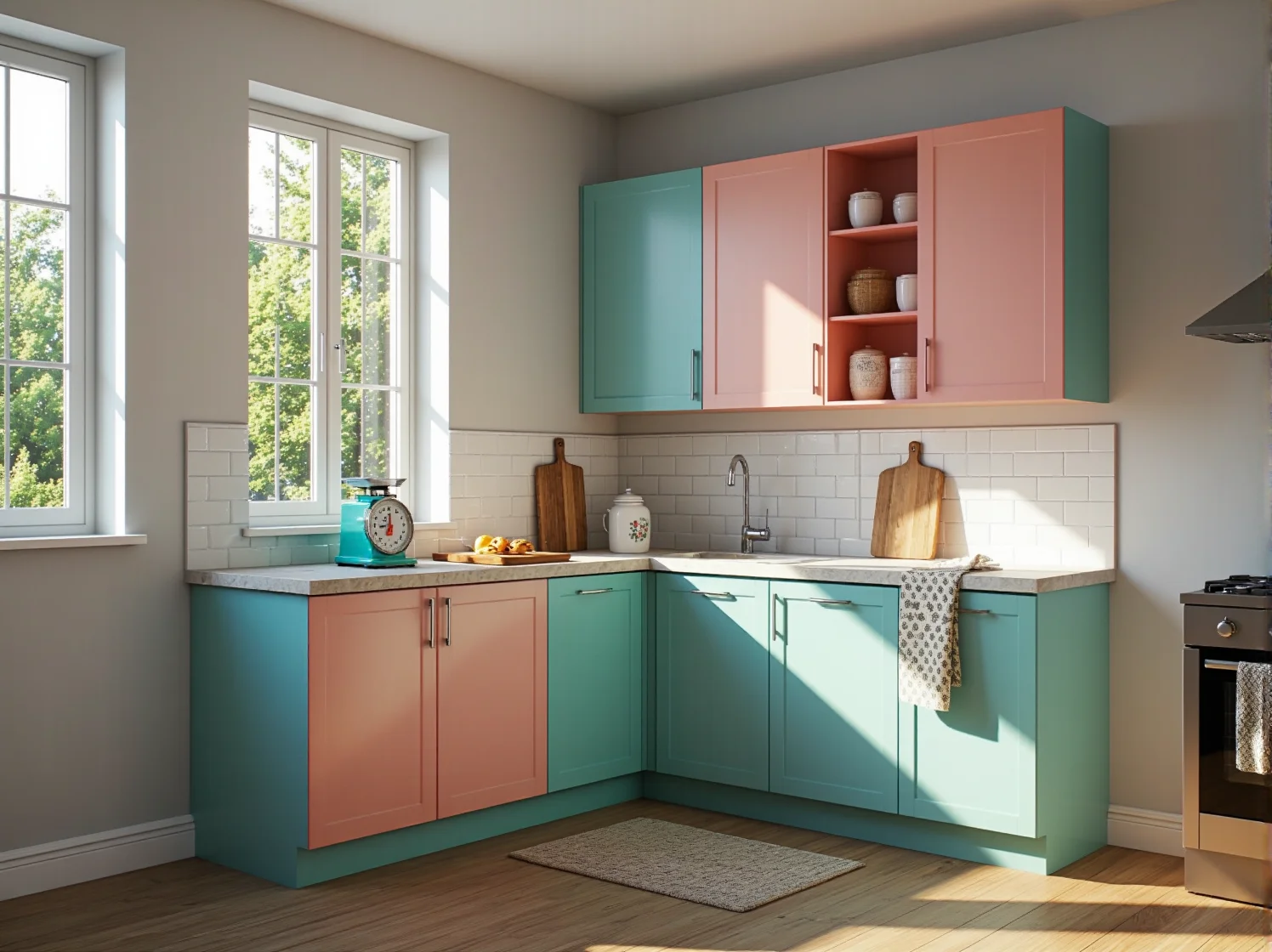 Różowe szafki kuchenne w klimacie retro połączone z drewnianymi akcentami i AGD