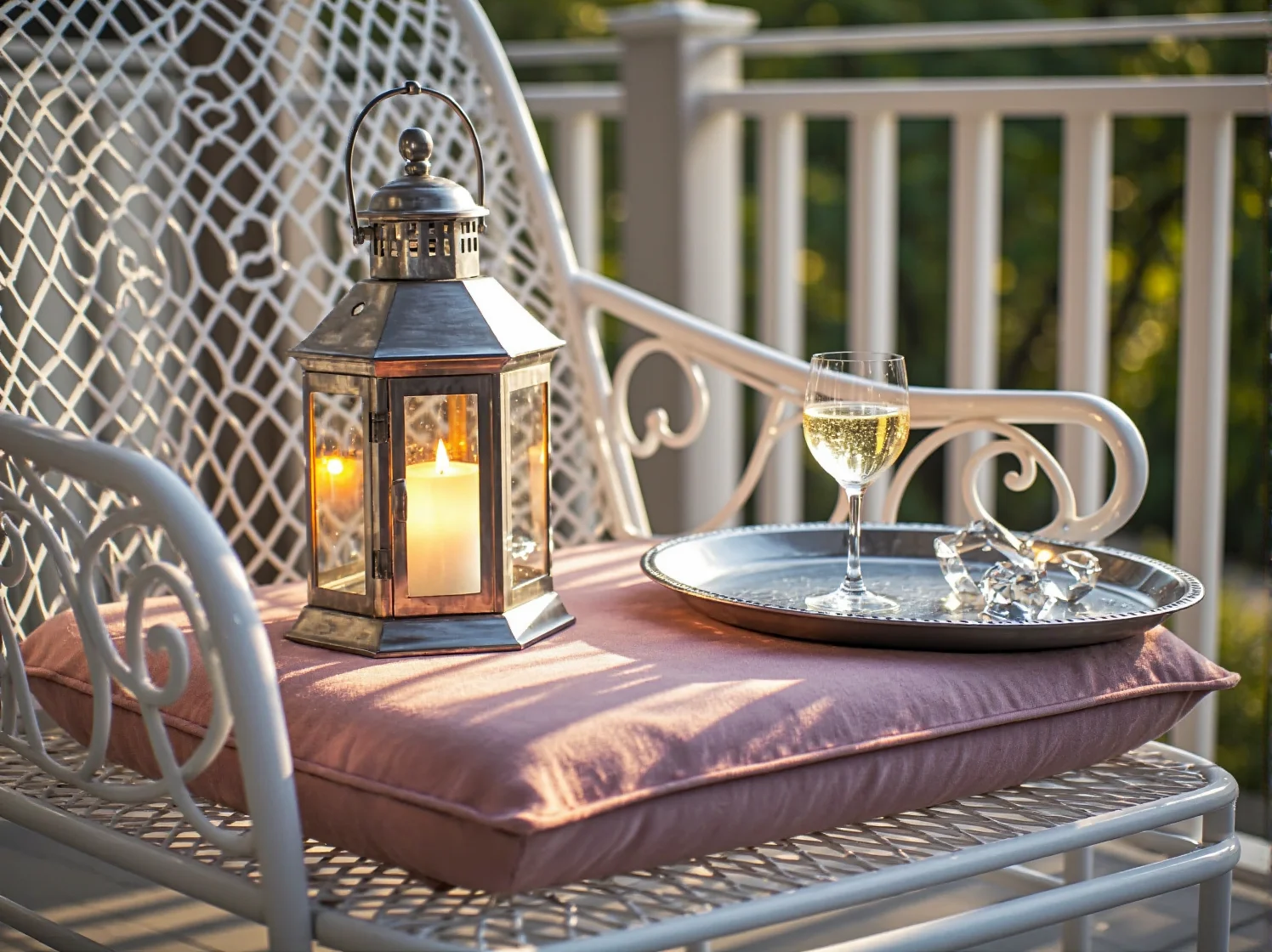 Zbliżenie na różowe tekstylia i srebrne latarenki LED na nowoczesnym balkonie glamour.