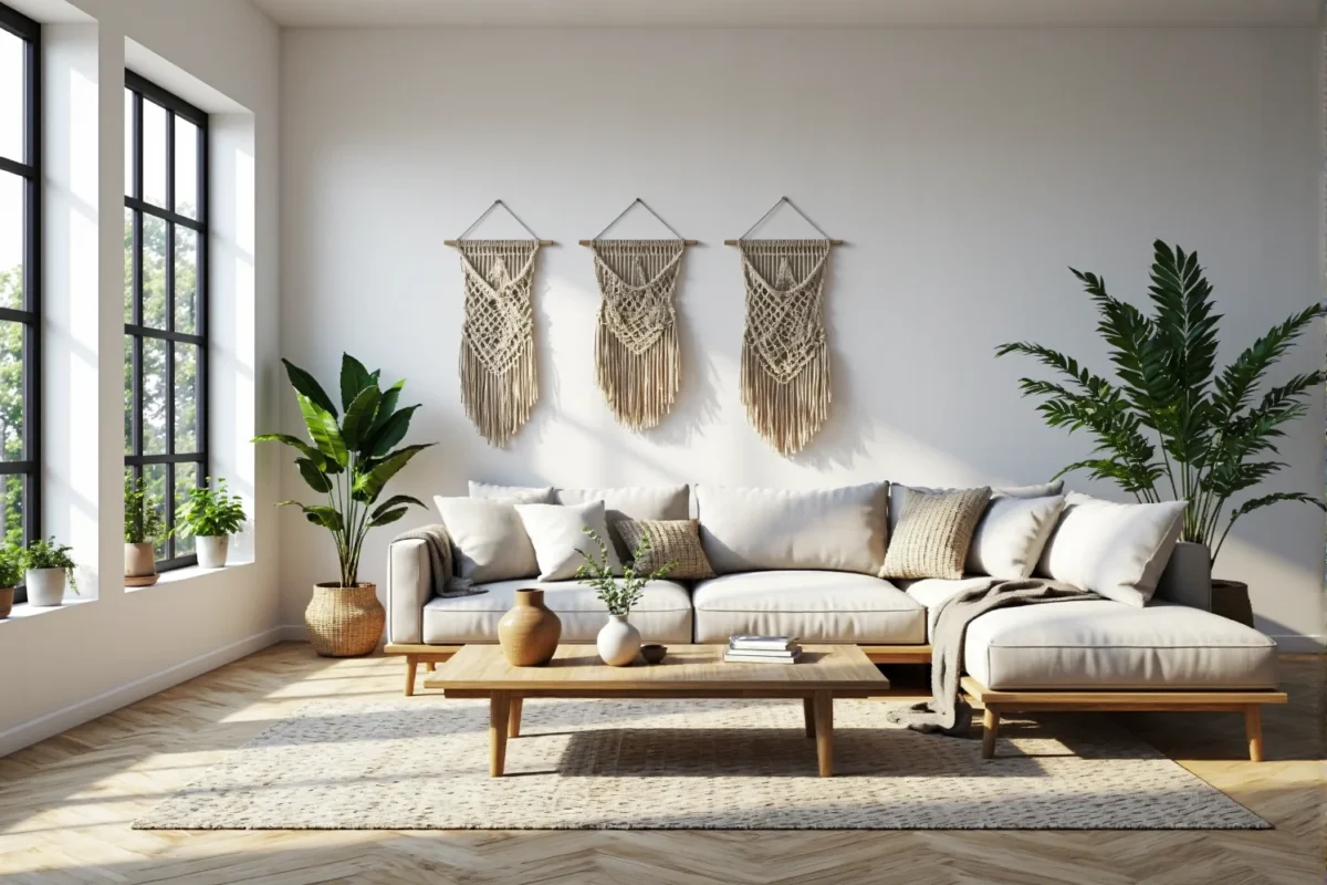 Narożna sofa kremowa na drewnianych nogach z poduszkami