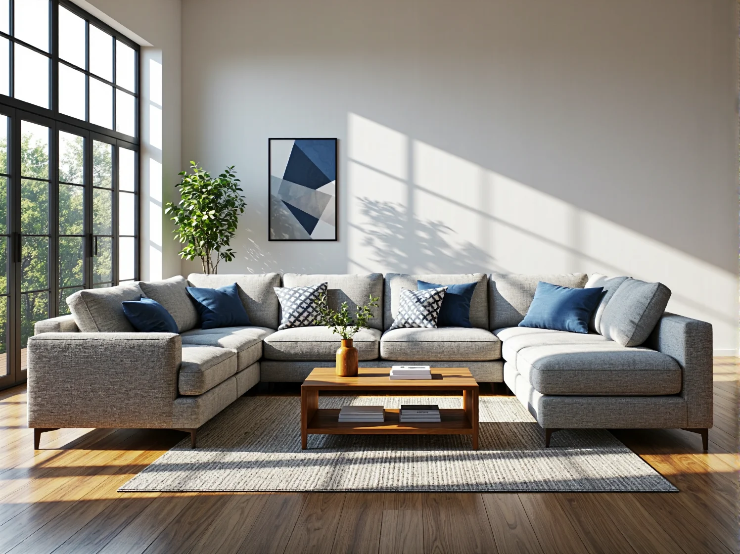 Szara sofa modułowa narożna z poduszkami na drewnianych nóżkach