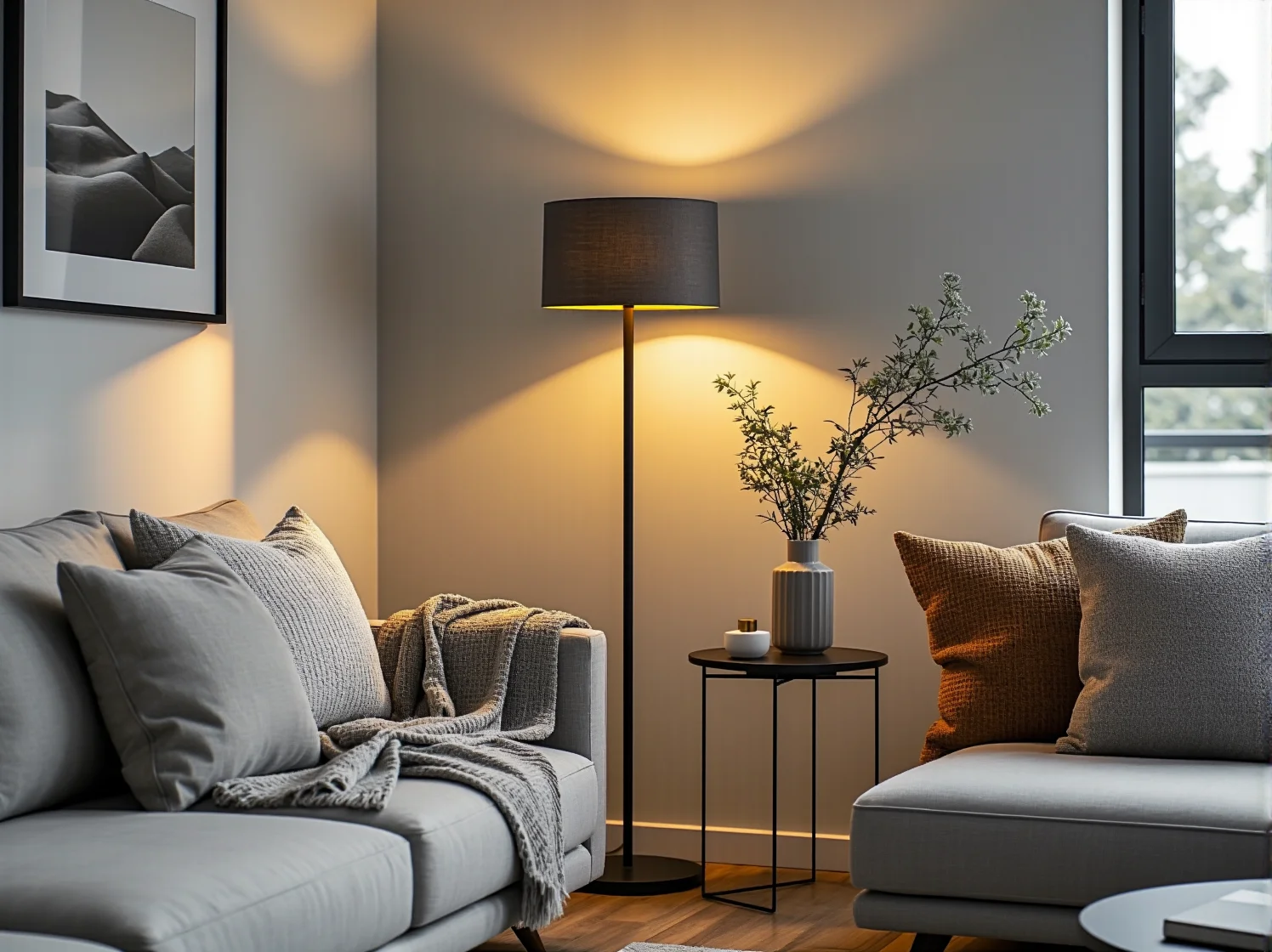 Wielofunkcyjna sofa z panelem sterowania i gniazdami USB w nowoczesnym wnętrzu.