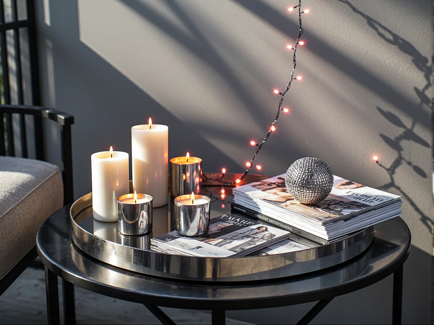 Detale balkonu w stylu glamour: srebrne donice i różowe tekstylia oświetlone girlandami LED.