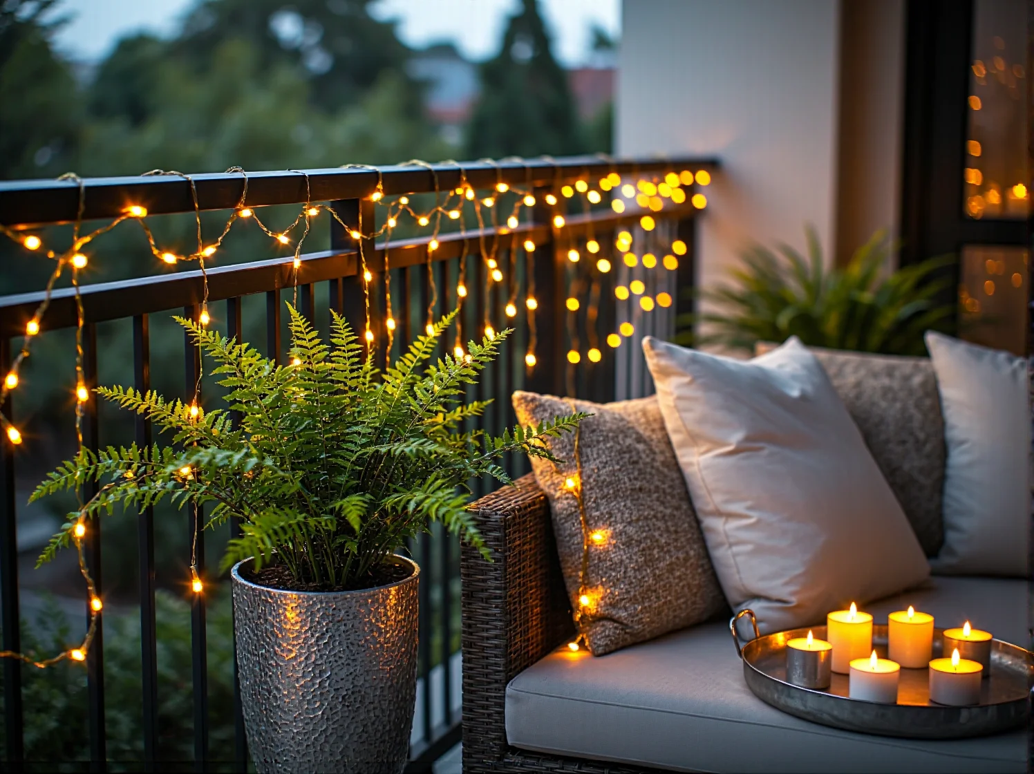 Srebrne lampki LED i stylowe dekoracje na nowoczesnym tarasie glamour