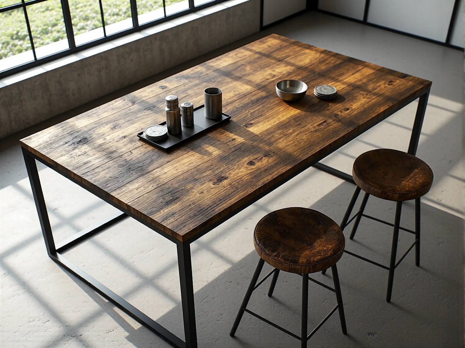 Aranżacja salonu z aneksem kuchennym i kompaktowym stołem barowym w surowym stylu industrialnym.