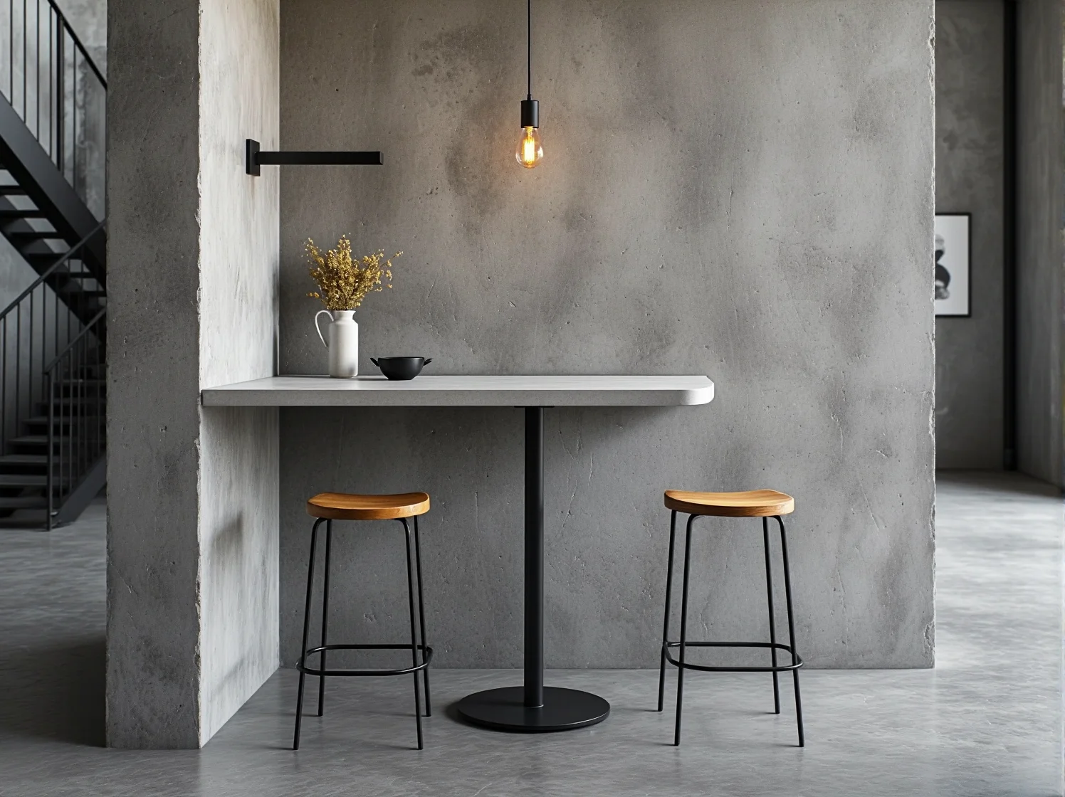 Detal blatu stołu barowego z litego drewna i metalowych okuć pasujący do loftowej jadalni.