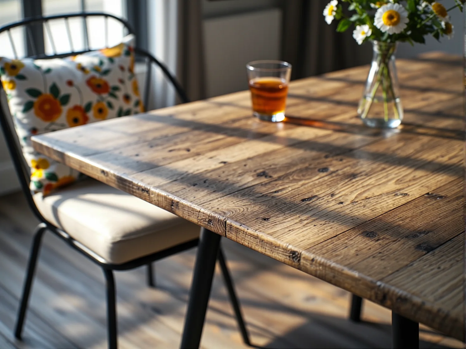 Zbliżenie na blat stołu w stylu retro, idealnego do ogródka restauracyjnego. Trwałość i design.