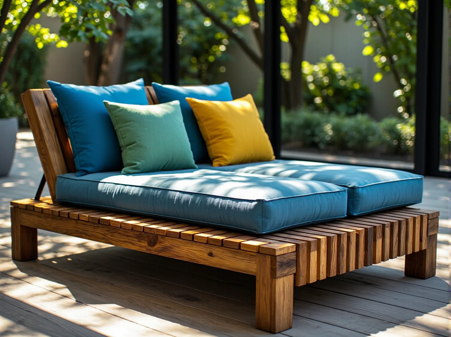 Kreatywny stół i krzesła do ogrodu, stworzone z recyklingowanych desek tarasowych.