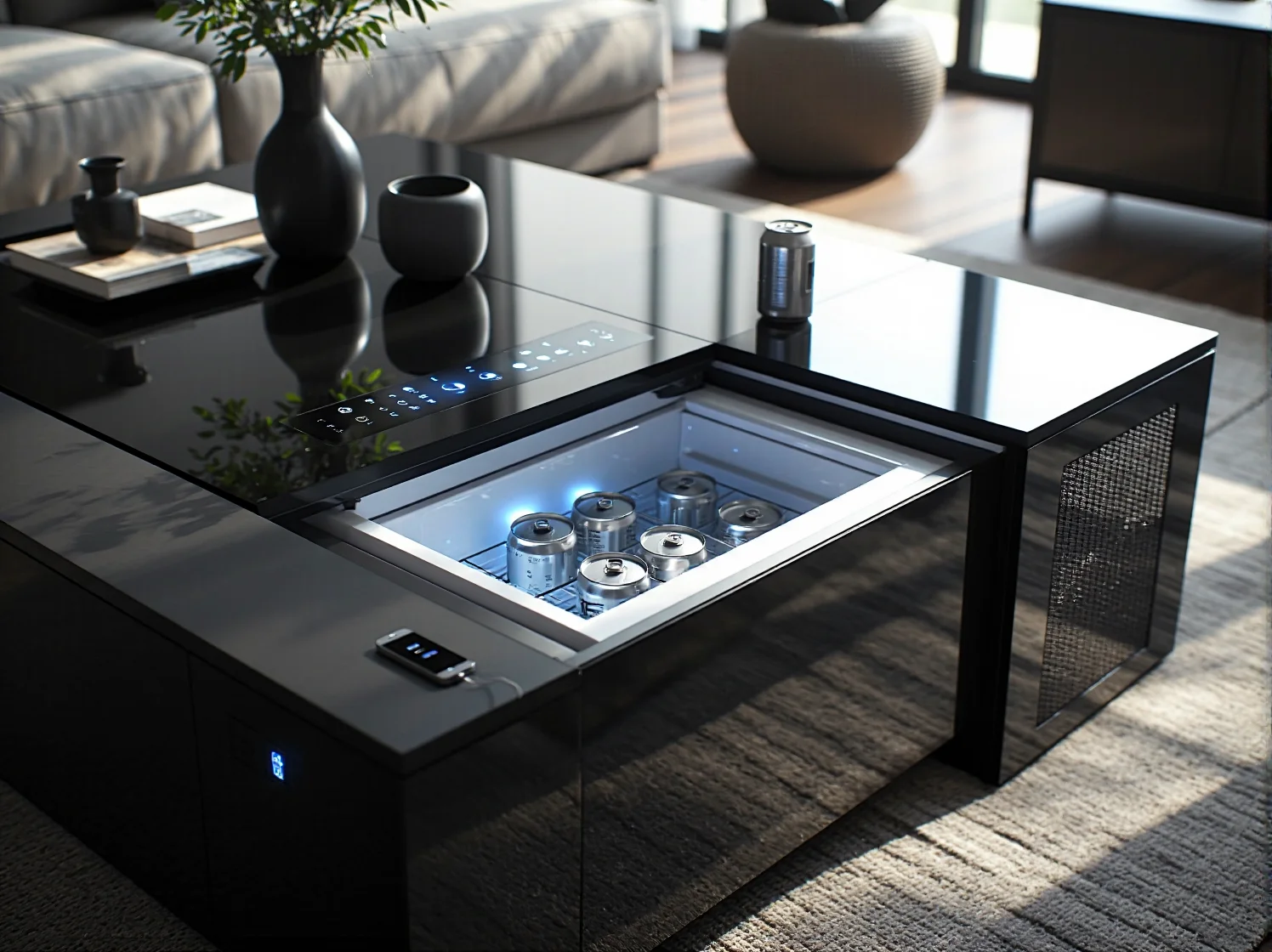 Nowoczesny mebel smart: stolik kawowy z chłodziarką na napoje