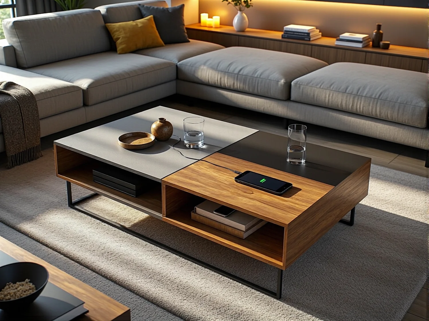 Stolik kawowy z wbudowaną elektroniką i funkcją ładowania urządzeń