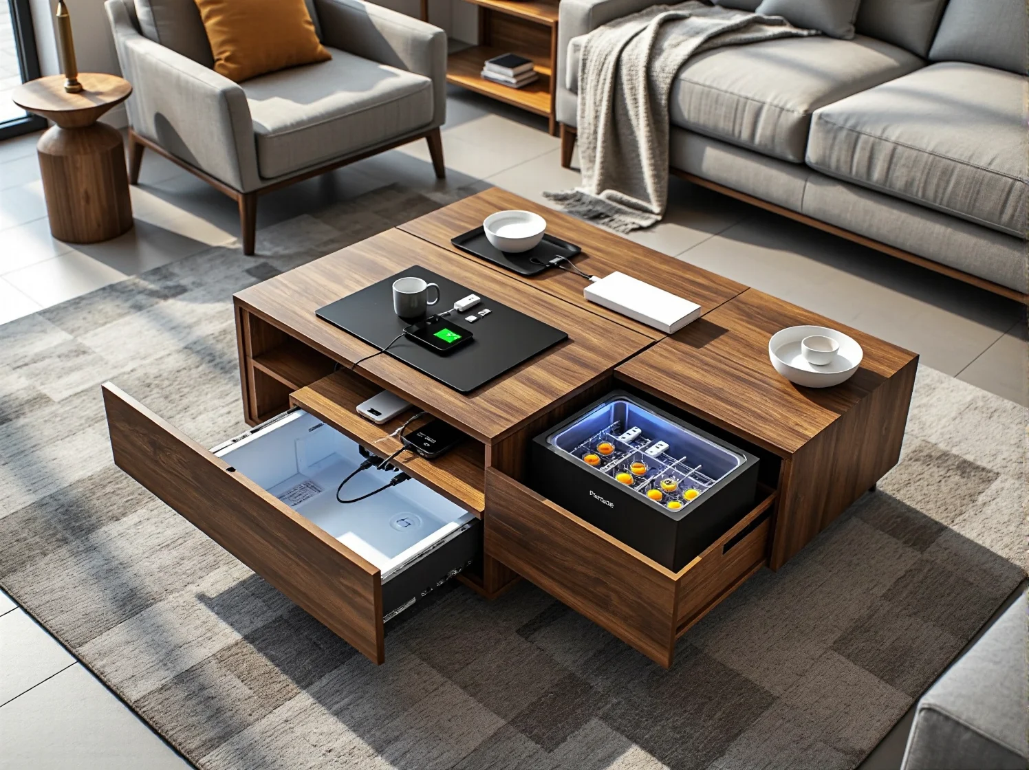 Stolik kawowy z ładowarką indukcyjną do telefonu i portami USB