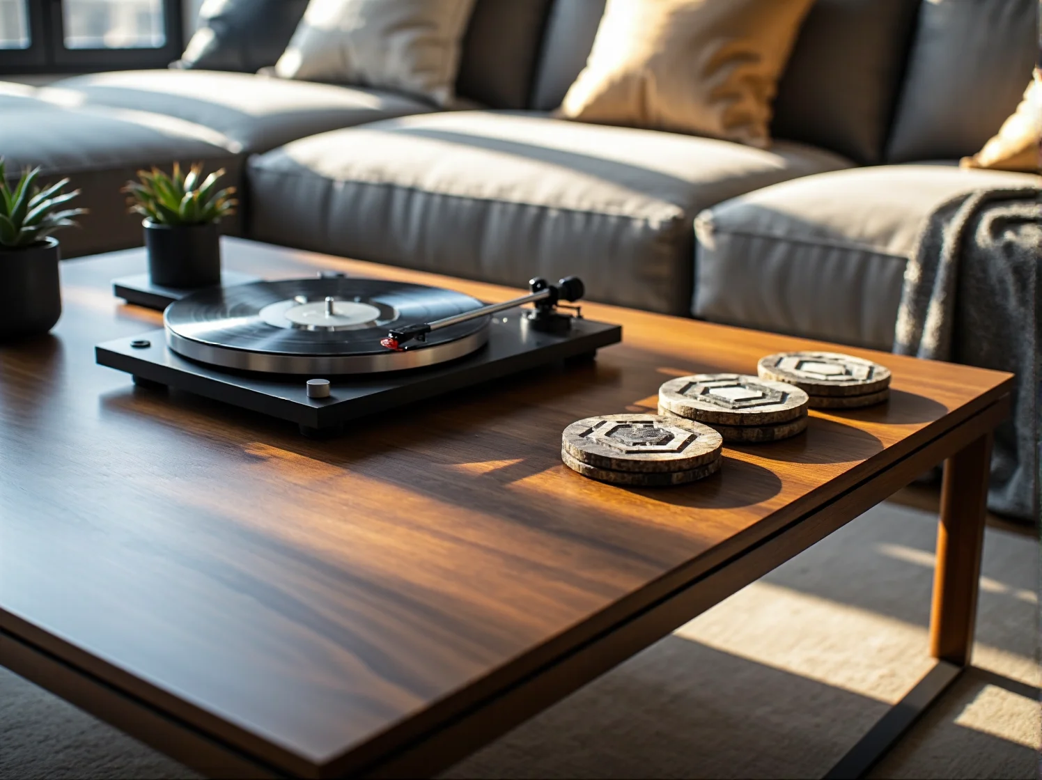 Okrągły stolik kawowy w stylu retro z ciemnego drewna w nowoczesnym wnętrzu.