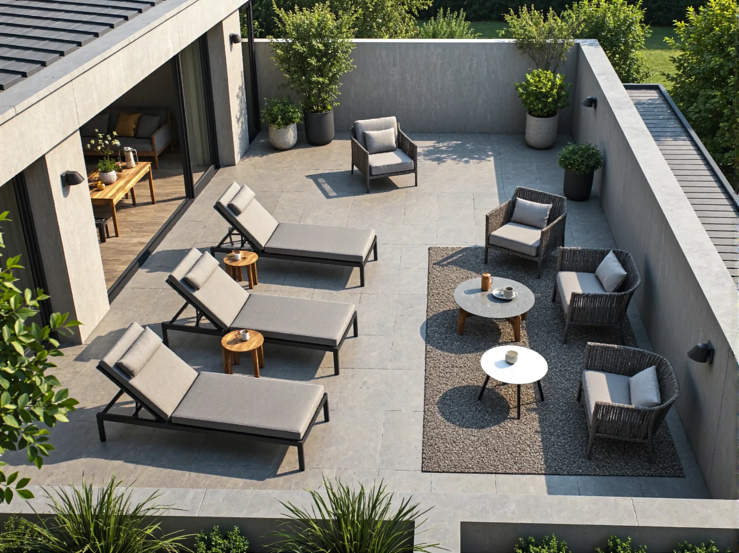 Wygodny zestaw mebli outdoorowych idealny do wypoczynku na nowoczesnym tarasie.