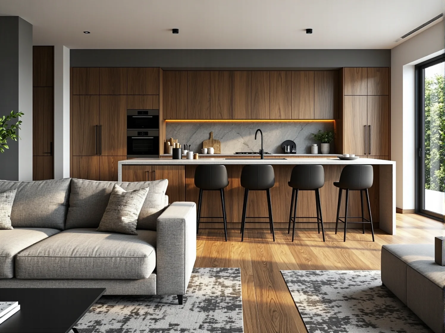 Wytrzymała tkanina obiciowa na nowoczesnym narożniku w jasnym salonie z aneksem.