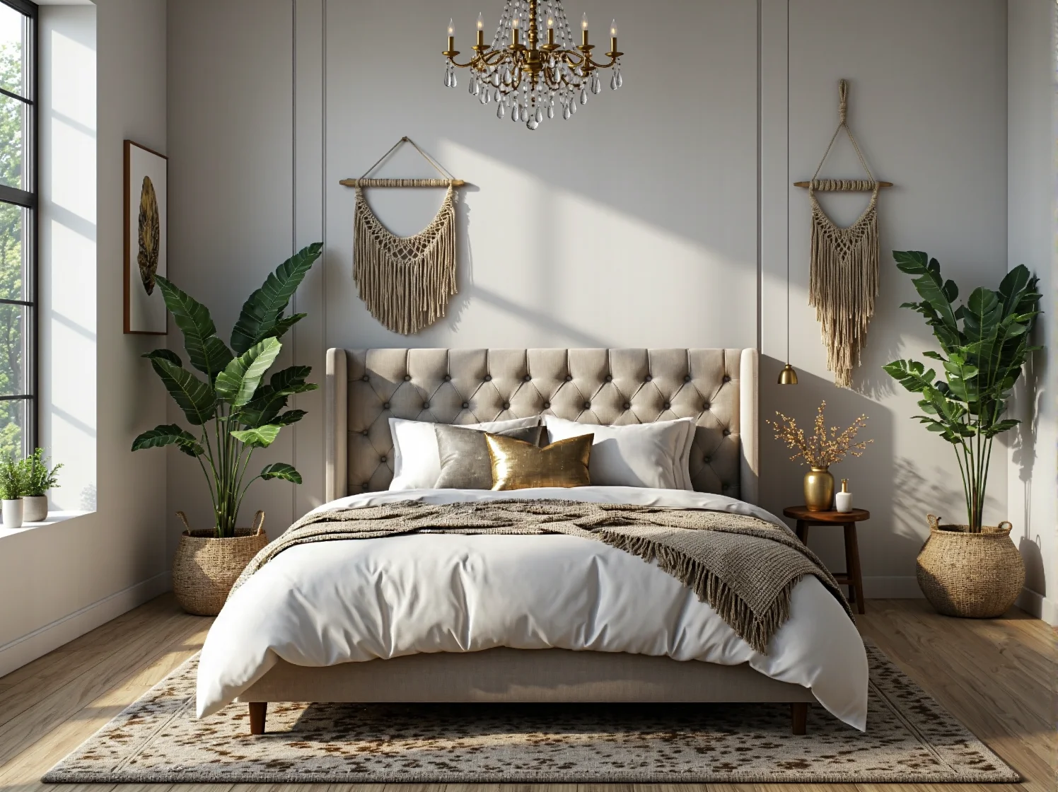 Eleganckie łóżko tapicerowane beżowe z pikowanym zagłówkiem