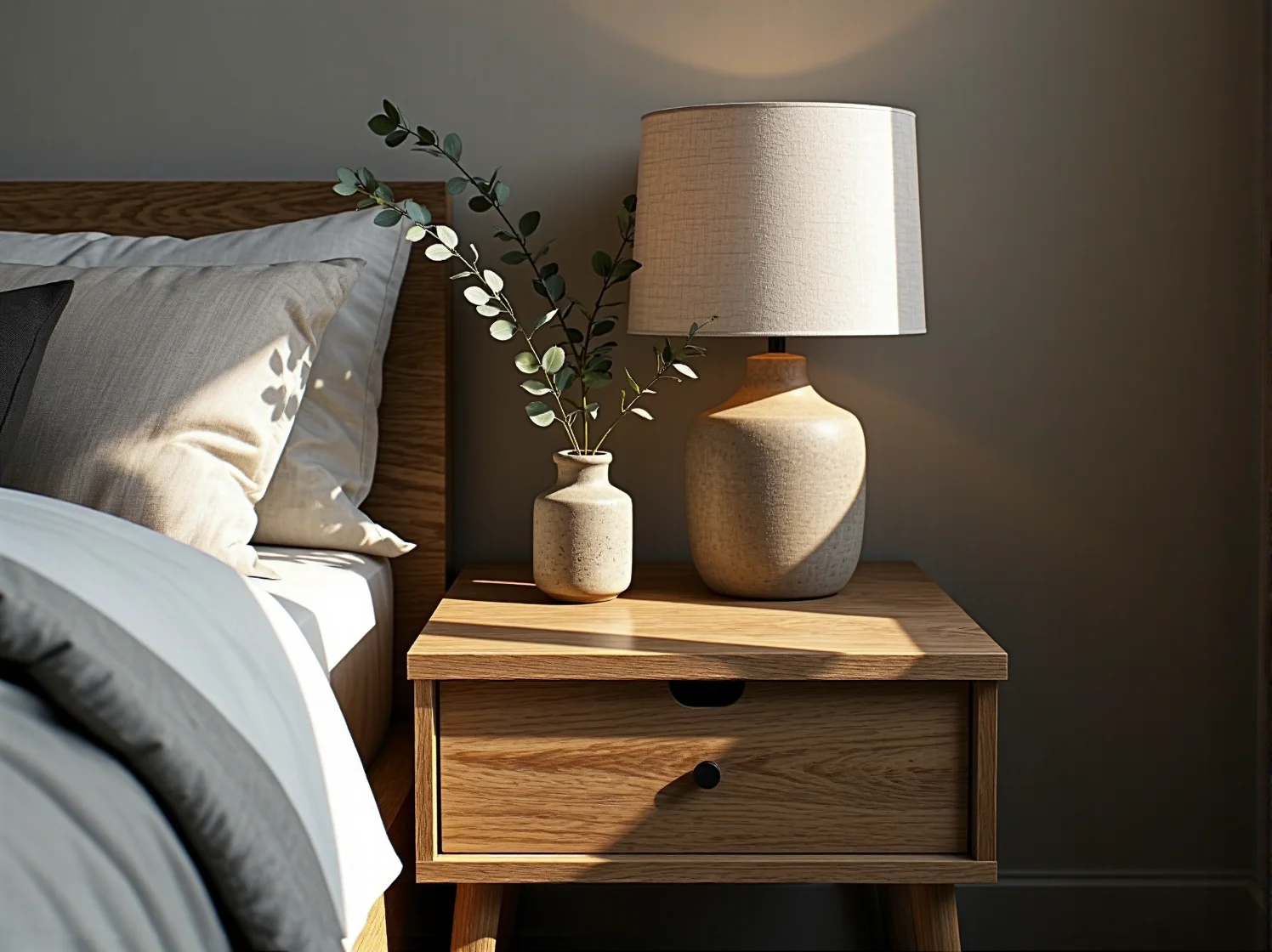 Minimalistyczna sypialnia japandi z lnianą pościelą i drewnianym łóżkiem, naturalne materiały.