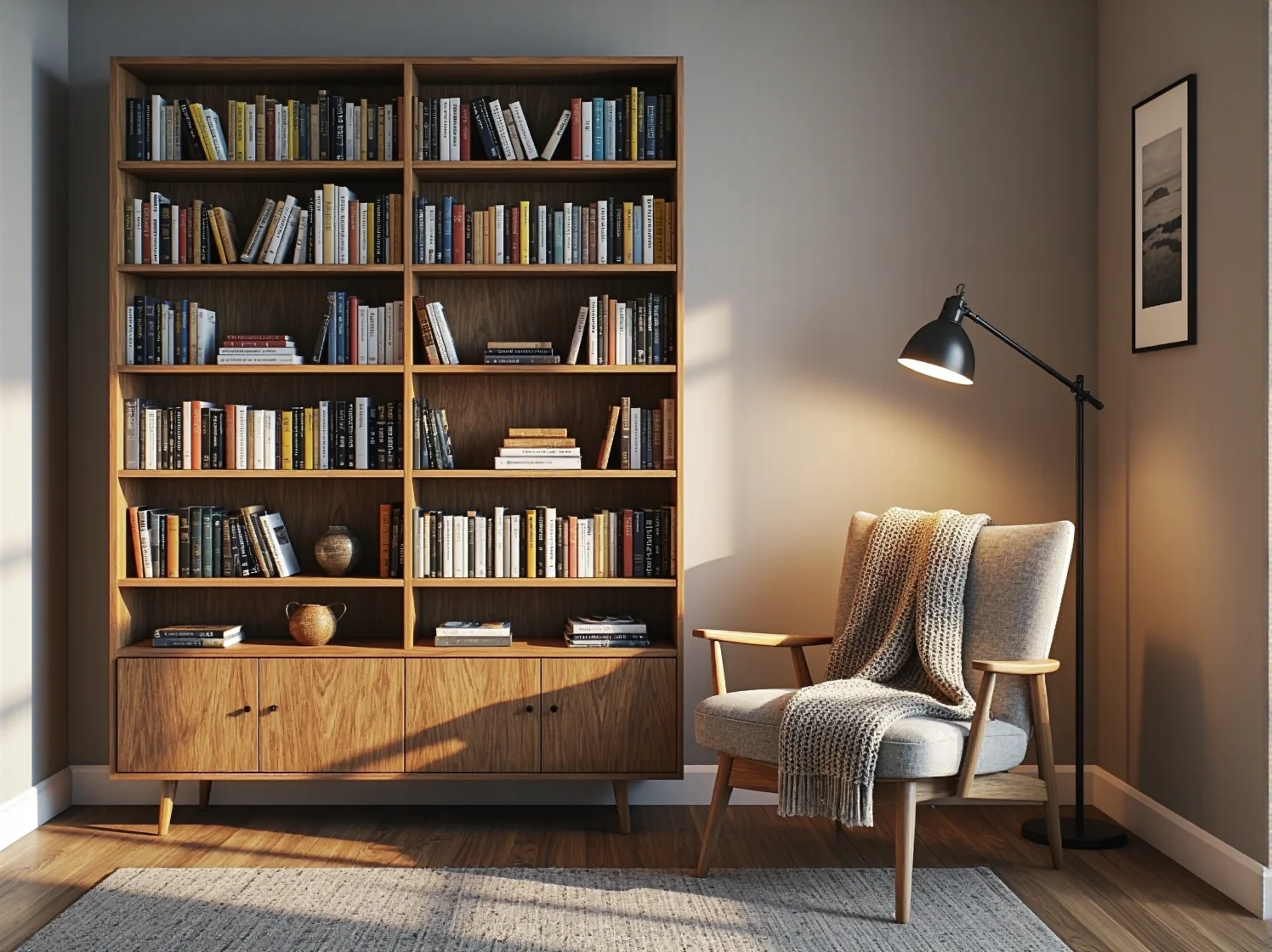 Solidna szafa z litego drewna w nowoczesnym salonie gwarantująca trwałość na pokolenia.