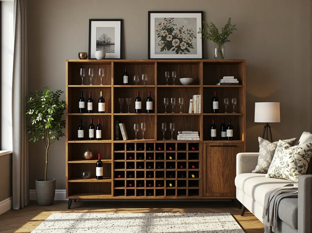 Drewniany regał na wino orzech z półkami i przegródkami na butelki